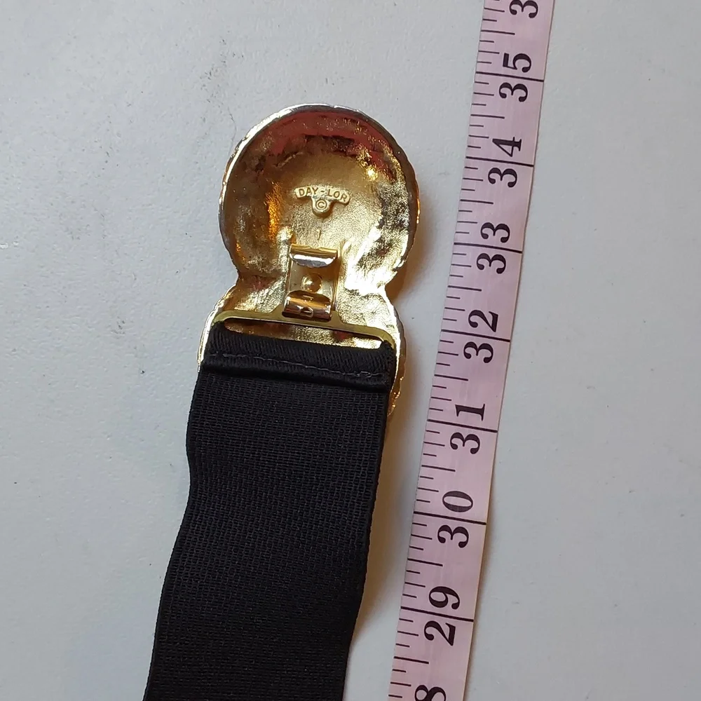 Day-Lor Black Elastic Stretch Belt with Gold Decorative Statement Buckle Gorg! L